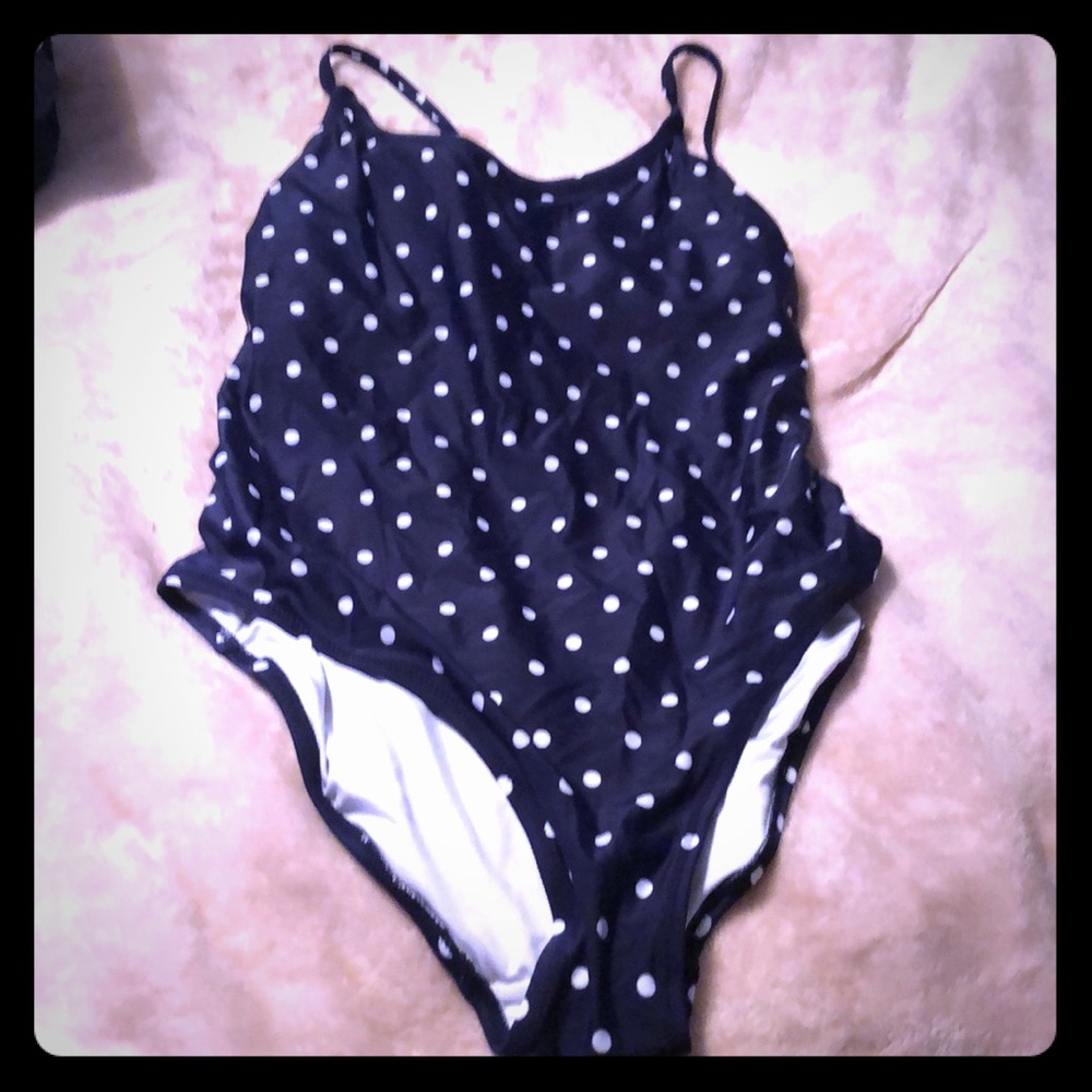Navy and white polka dot one piece swim suite